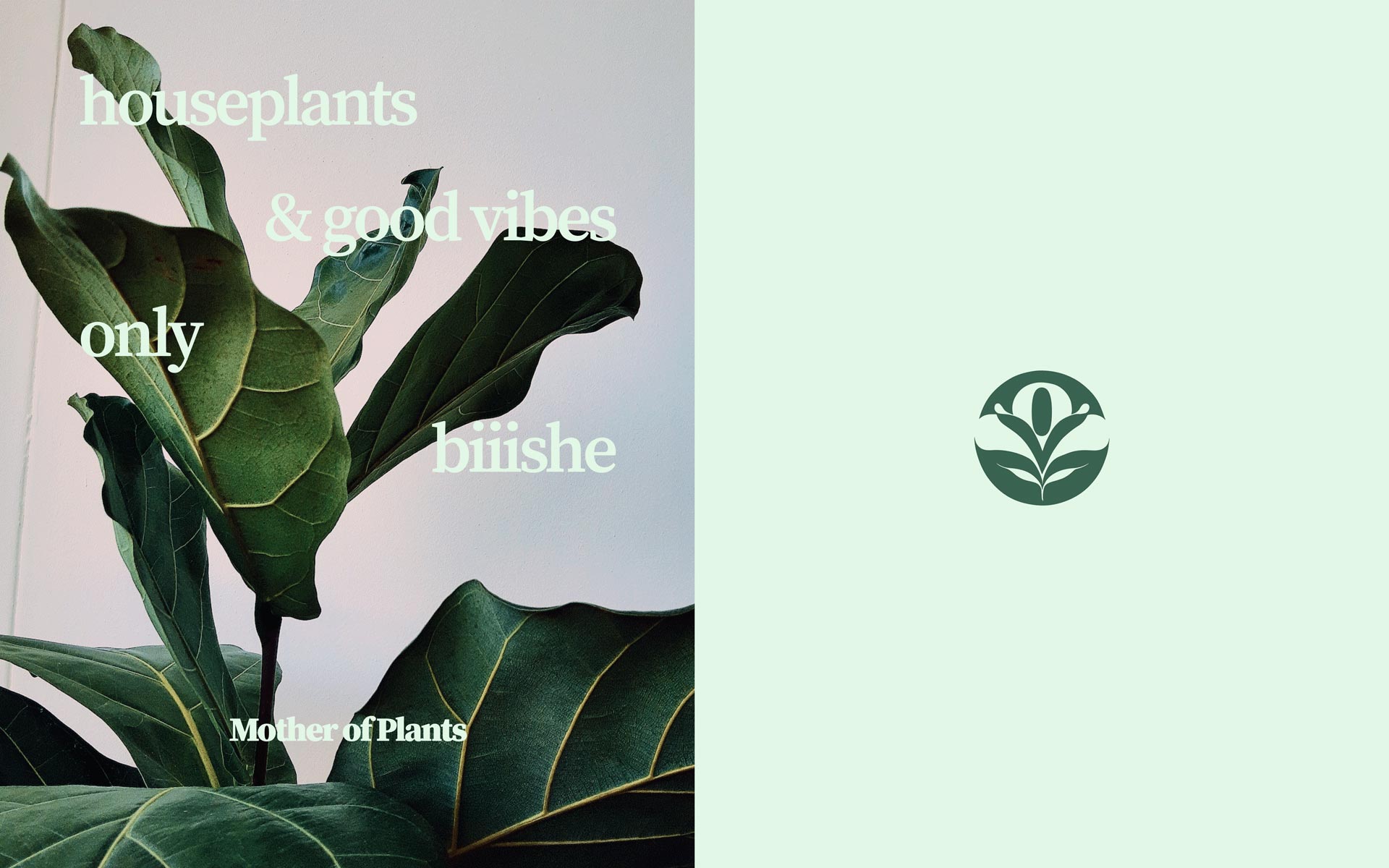 Split image: Left Side - Mother of Plants "Houseplants + good vibes" Poster in light green. Right Side: Mother of Plants Symbol in Dark Green on Light Green. Designed by Can O' Baked Beans 2020